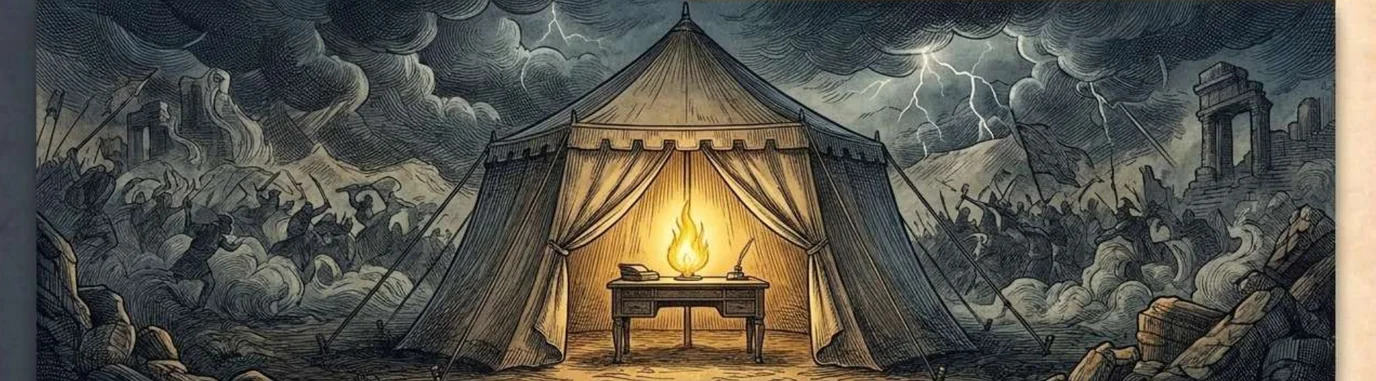 A lit lamp glowing on a writing desk inside a canvas military tent, while a storm, lightning and fighting rage on the plain outside.