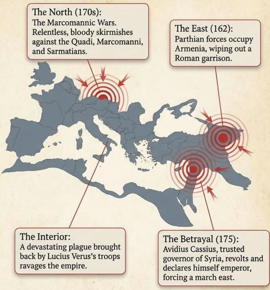 A map of the Roman empire with four crisis points marked in red. The North: the Marcomannic Wars against the Quadi, Marcomanni and Sarmatians. The East: Parthian forces occupy Armenia in 162 and wipe out a Roman garrison. The Interior: a plague brought back by Lucius Verus's troops ravages the empire. The Betrayal: in 175 Avidius Cassius, governor of Syria, declares himself emperor, forcing a march east.