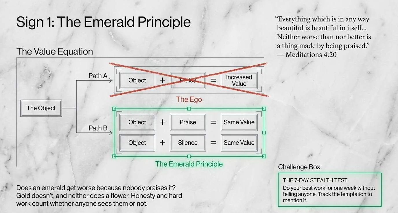 A diagram titled The Emerald Principle. The Object plus Praise does not equal increased value (crossed out, labelled The Ego). The Object plus Praise, or plus Silence, equals the same value (labelled The Emerald Principle). A challenge box reads: do your best work for one week without telling anyone, and track the temptation to mention it.