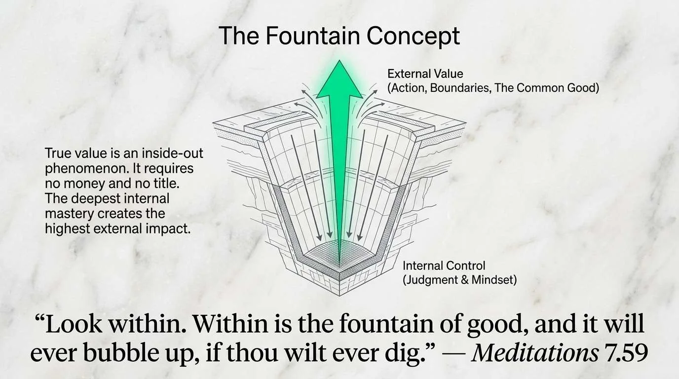 A cutaway diagram titled The Fountain Concept. Internal control, meaning judgment and mindset, sits at the bottom of a shaft; a green arrow rises from it to external value: action, boundaries, the common good. Text reads: true value is an inside-out phenomenon, and the deepest internal mastery creates the highest external impact. Caption: Look within. Within is the fountain of good, and it will ever bubble up, if thou wilt ever dig. Meditations 7.59.