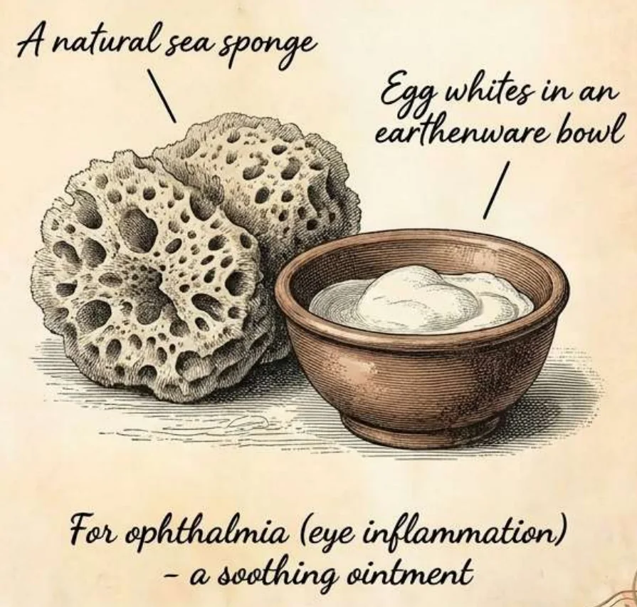 A hand-drawn natural sea sponge beside an earthenware bowl of egg whites, labelled as a soothing ointment for ophthalmia, an eye inflammation.