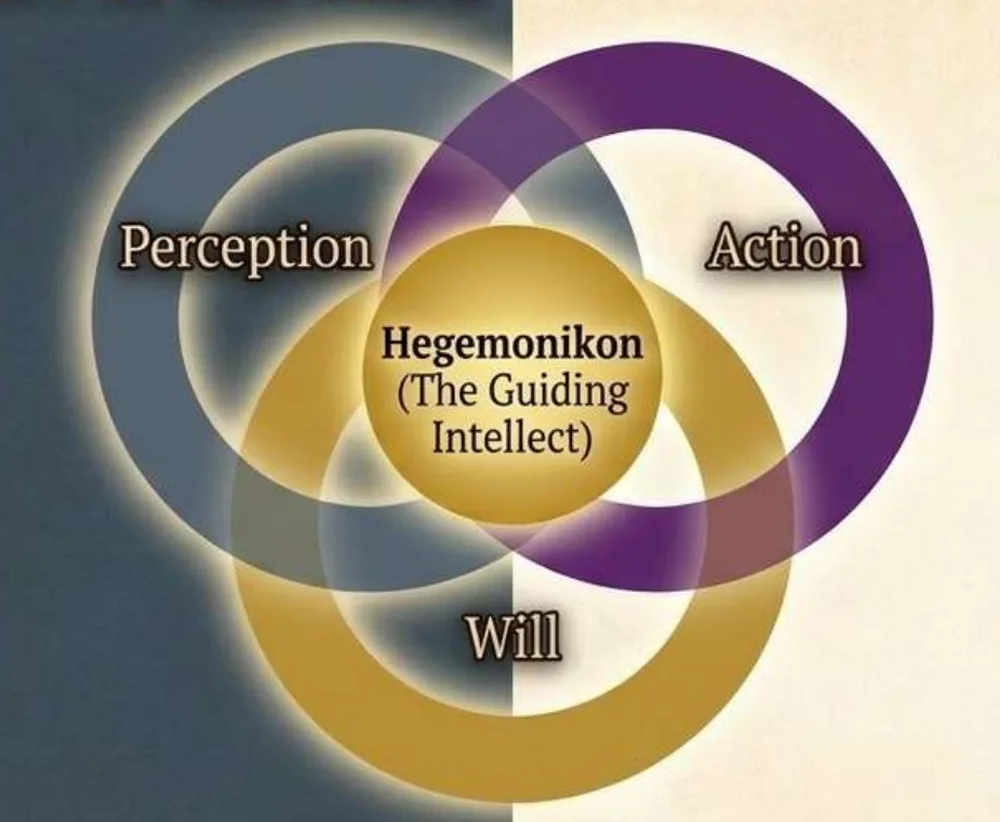 Three overlapping rings labelled Perception, Action and Will, with a gold circle at their centre labelled Hegemonikon, the guiding intellect.