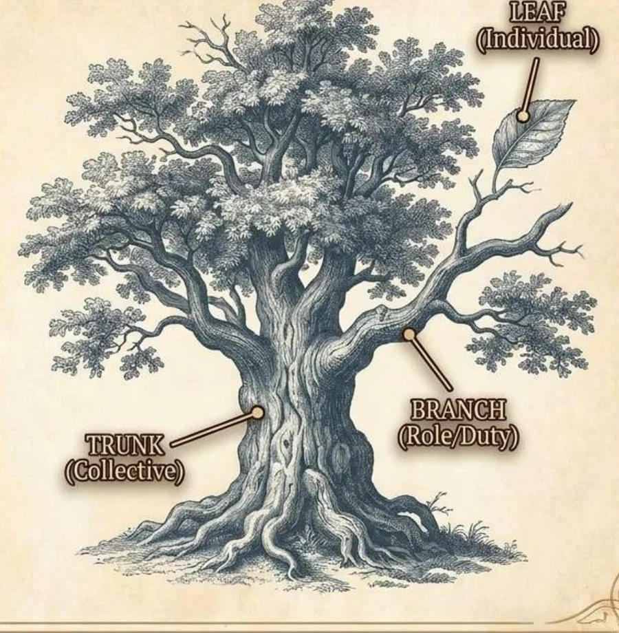 An engraving of a large oak tree with three parts labelled: the leaf for the individual, the branch for role and duty, and the trunk for the collective.