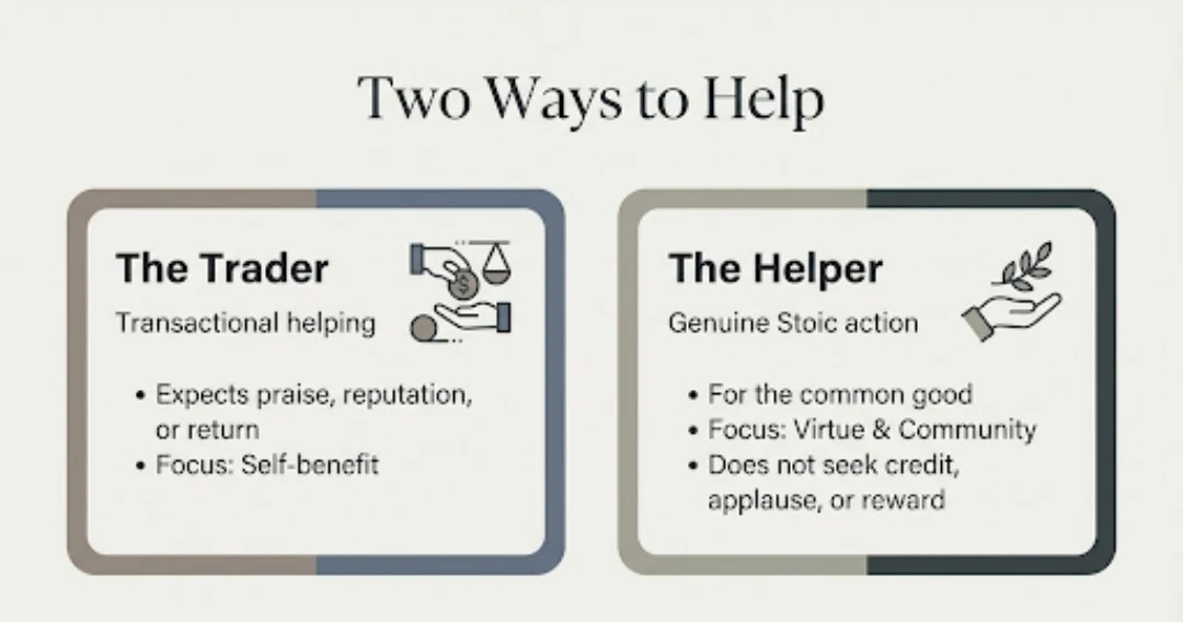 Two panels under the heading Two Ways to Help. The Trader, transactional helping: expects praise, reputation or return, and focuses on self-benefit. The Helper, genuine Stoic action: acts for the common good, focuses on virtue and community, and does not seek credit, applause or reward.
