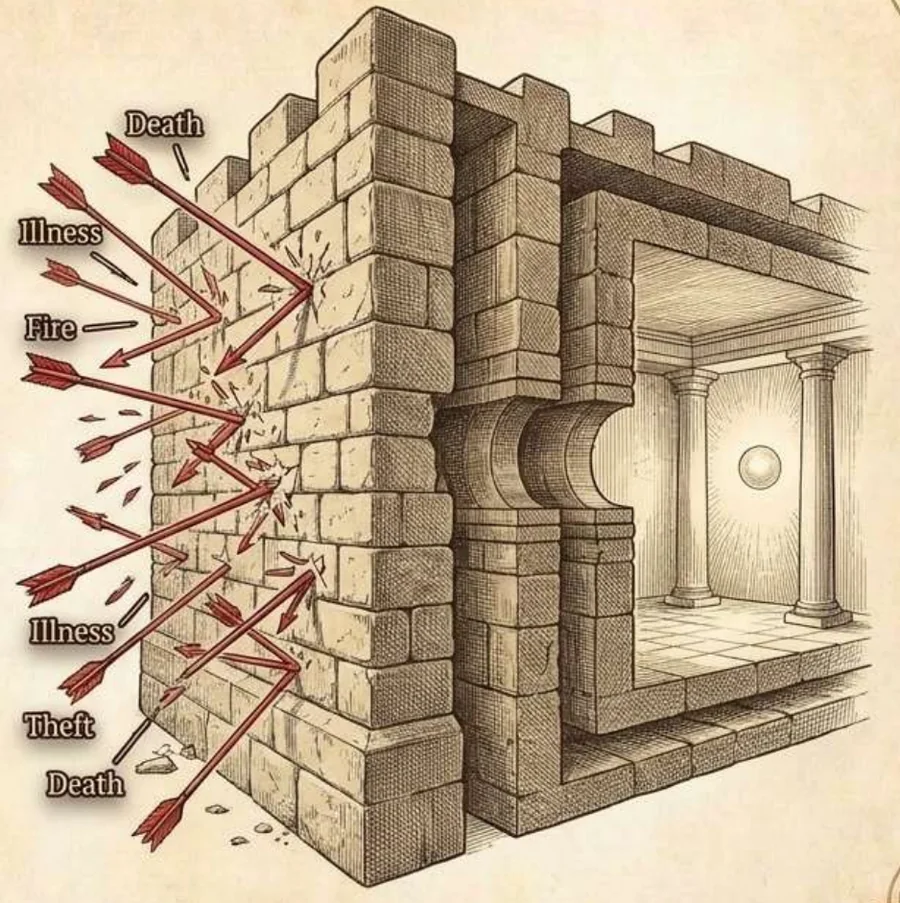 A cutaway of a thick stone wall. Red arrows labelled Death, Illness, Fire and Theft strike the outer face and break against it, while inside, a calm hall with two columns holds a single glowing light.