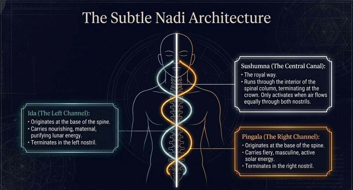 A standing figure with two lines, one pale and one gold, spiralling around a central vertical line along the spine, like a double helix. Ida on the left ends in the left nostril, Pingala on the right ends in the right nostril, and Sushumna runs straight up the middle