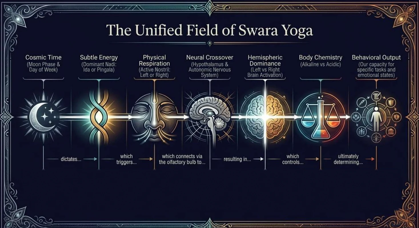 A left-to-right chain of seven linked icons: Cosmic Time, Subtle Energy, Physical Respiration, Neural Crossover, Hemispheric Dominance, Body Chemistry, and Behavioral Output