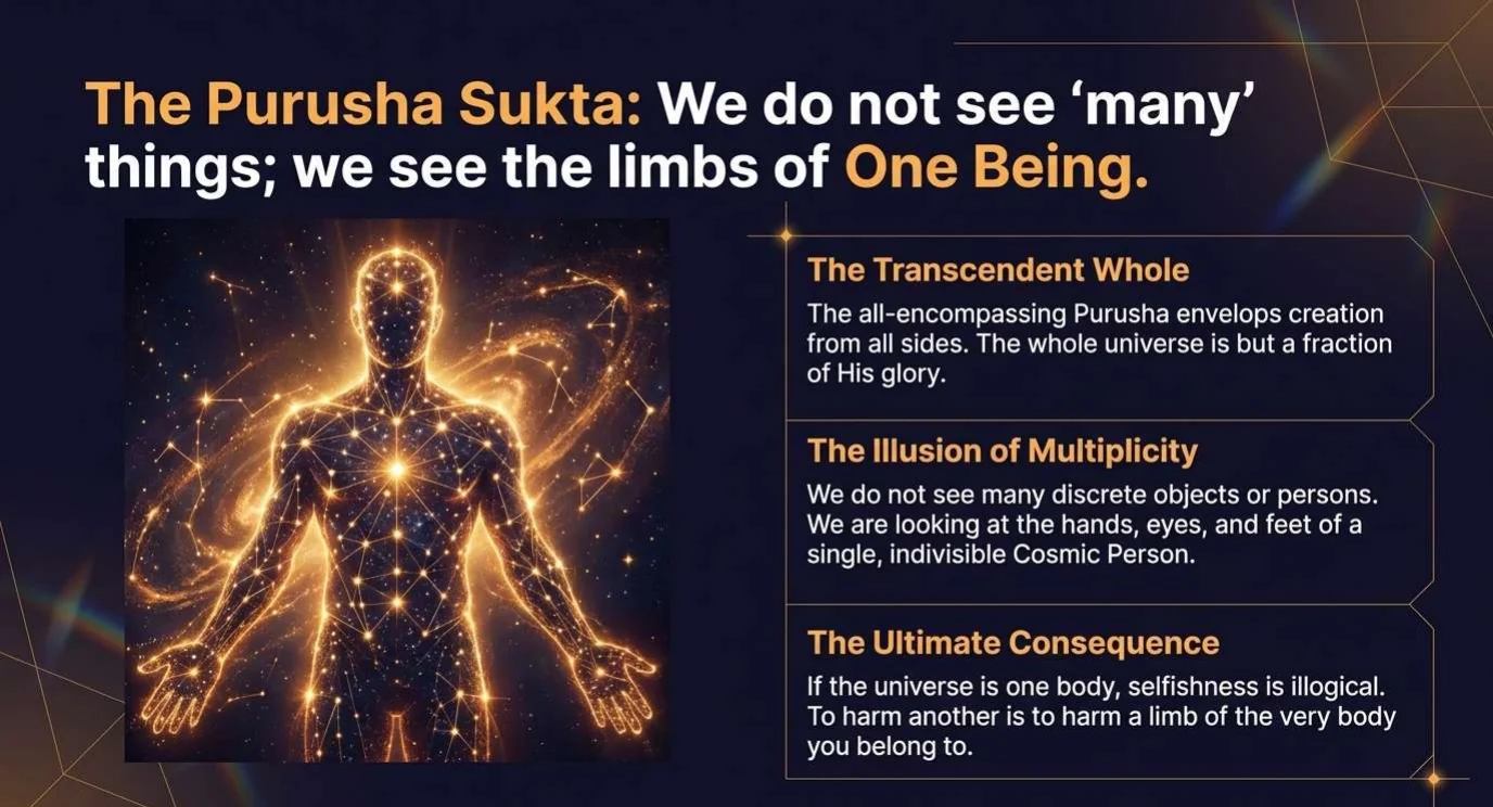 A slide titled The Purusha Sukta: we do not see many things, we see the limbs of One Being. A glowing human figure made of stars and galaxies stands beside three panels. The Transcendent Whole: the Purusha envelops creation, and the whole universe is a fraction of his glory. The Illusion of Multiplicity: we are looking at the hands, eyes and feet of a single cosmic Person. The Ultimate Consequence: to harm another is to harm a limb of the very body you belong to.