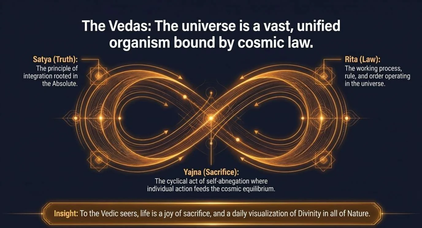 A slide titled The Vedas: the universe is a vast, unified organism bound by cosmic law. A glowing infinity loop carries three labels. Satya, the principle of integration rooted in the Absolute. Rita, the working process, rule and order operating in the universe. Yajna, the cyclical act of self-abnegation where individual action feeds the cosmic equilibrium.